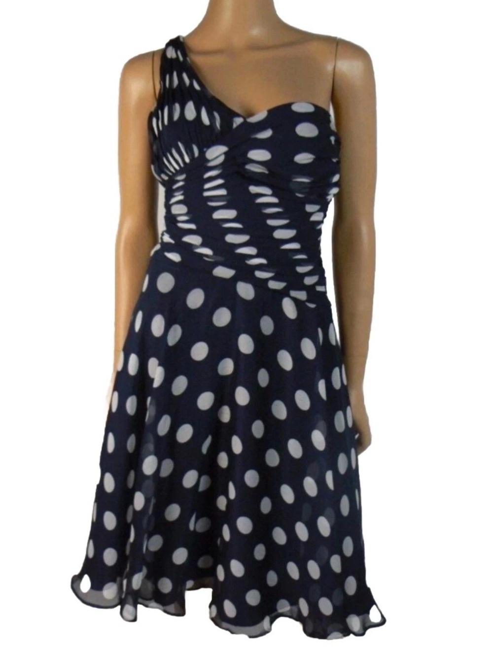 NWT Adrianna Papell One Shoulder Navy Blue White Polka Dot Ruched Chiffon Dress